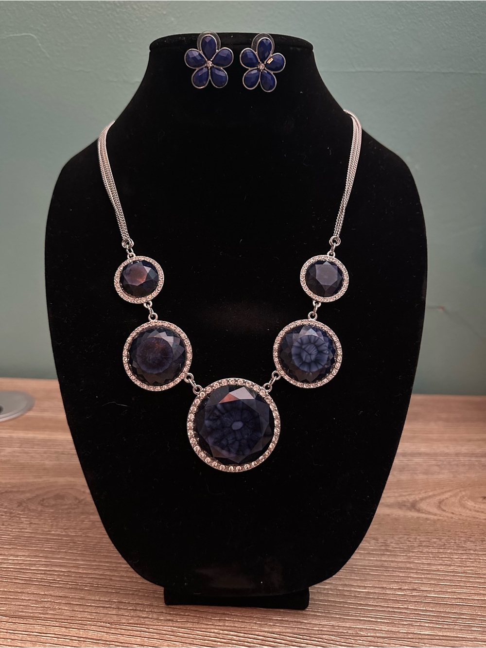 Silver-Tone Navy Blue Floral Crystal Statement Necklace and Flower Earrings